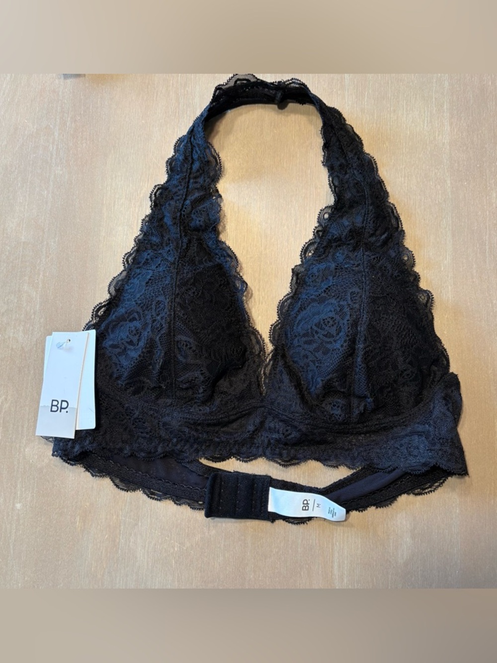 6/$20 bp Black Lace Halter Bralette with Scalloped Trim